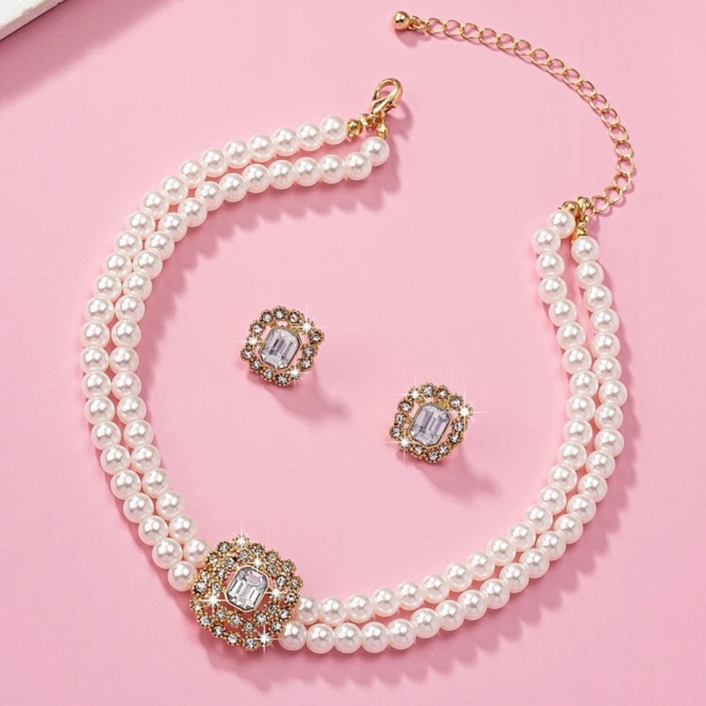 1 Set Double Layers Imitation Faux Pearl & Geometric Full Of Rhinestone Design - Picture 2 of 4